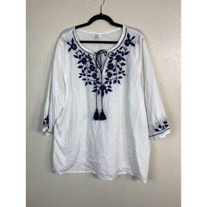 Chic Connection White Bue  Embroidered Tunic Top Plus size 3X Boho Lagenlook